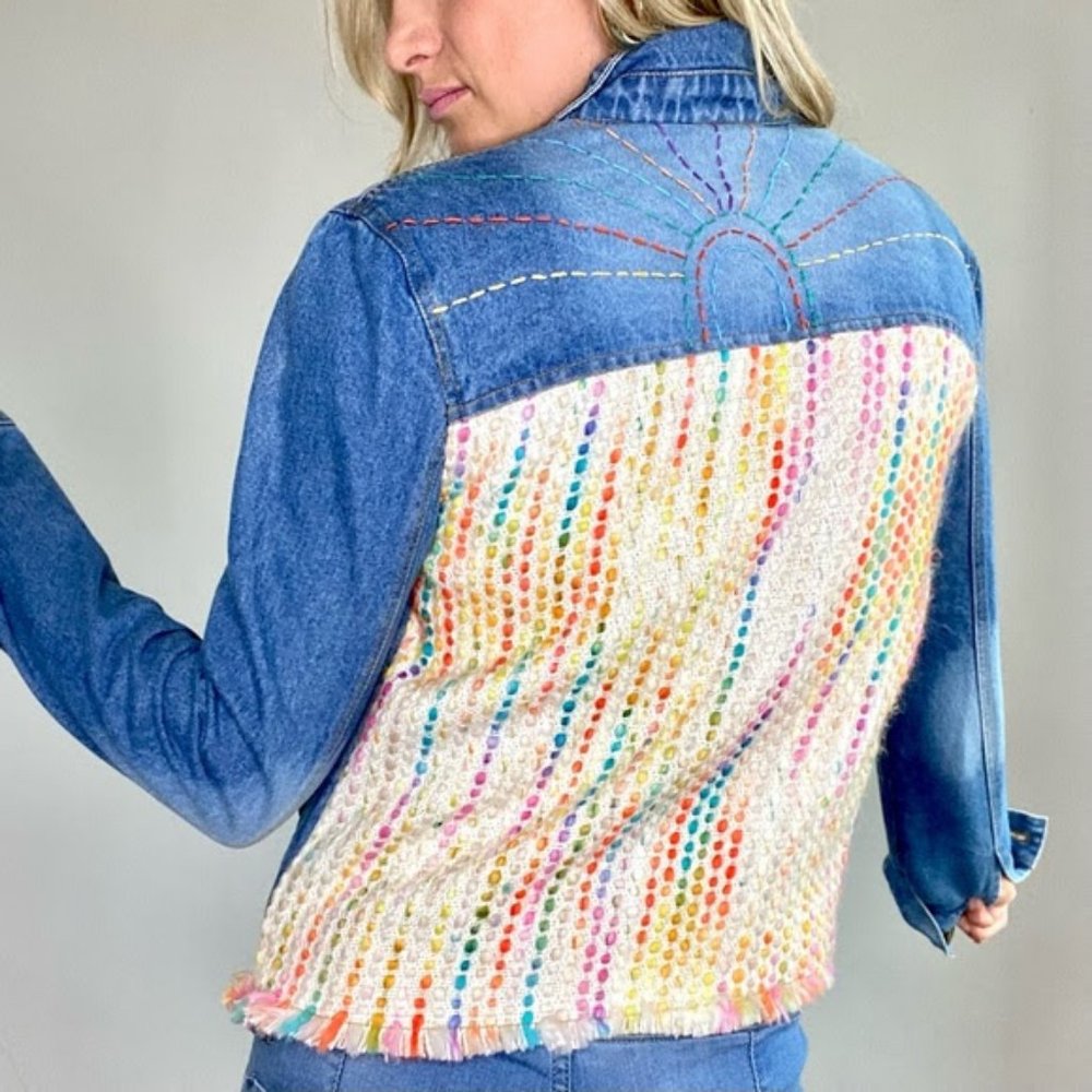 Judith March by Anthropologie Denim Embroidered Rainbow Jacket Size Medium